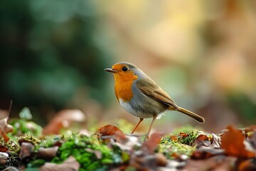 Closeup of a Robin perched on fallen leaves in autumn woodland. Small bird with orange breast and brown feathers