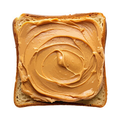 Top view of a square bread slice smeared with almond butter isolated on a white transparent background