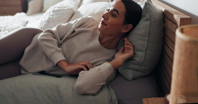 Sleeping, night and woman on bed, smile and calm in bedroom, peace and dreaming in apartment and rest. Nap, tired and happy on mattress, fatigue and chilling in weekend, break or comfortable in house