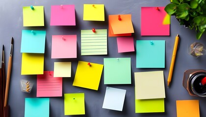 Colorful sticky notes as a creative tool for brainstorming, planning, and collaboration in art, project management, and idea generation