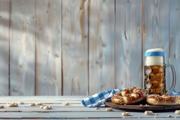 A glass of beer and some pretzels on a wooden table, perfect for a cozy evening or casual gathering