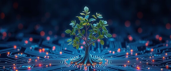 AI illustration of digitally created image of tree with foliage growing from a circuit board