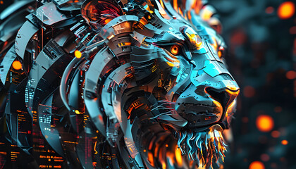 Fototapeta premium Futuristic Lion Head D Render Cyborg Animal Technology Concept