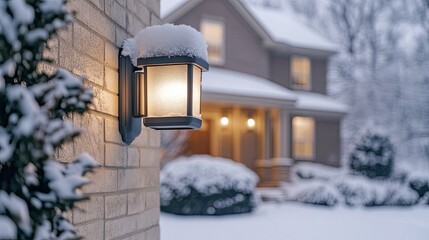 A warm glow shines from an outdoor wall light beside a beautifully decorated house in a snowy winter afternoon, adding charm to the frosty scene