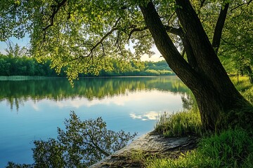 Obraz premium Tranquil summer morning by the river, tree branches casting shadows on the water