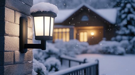 A warm glow shines from an outdoor wall light beside a beautifully decorated house in a snowy winter afternoon, adding charm to the frosty scene