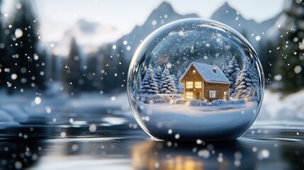 Fototapeta premium A stunning ornament features a miniature house encased in glass, surrounded by falling snow, with a wintery forest and river backdrop lending a serene atmosphere.