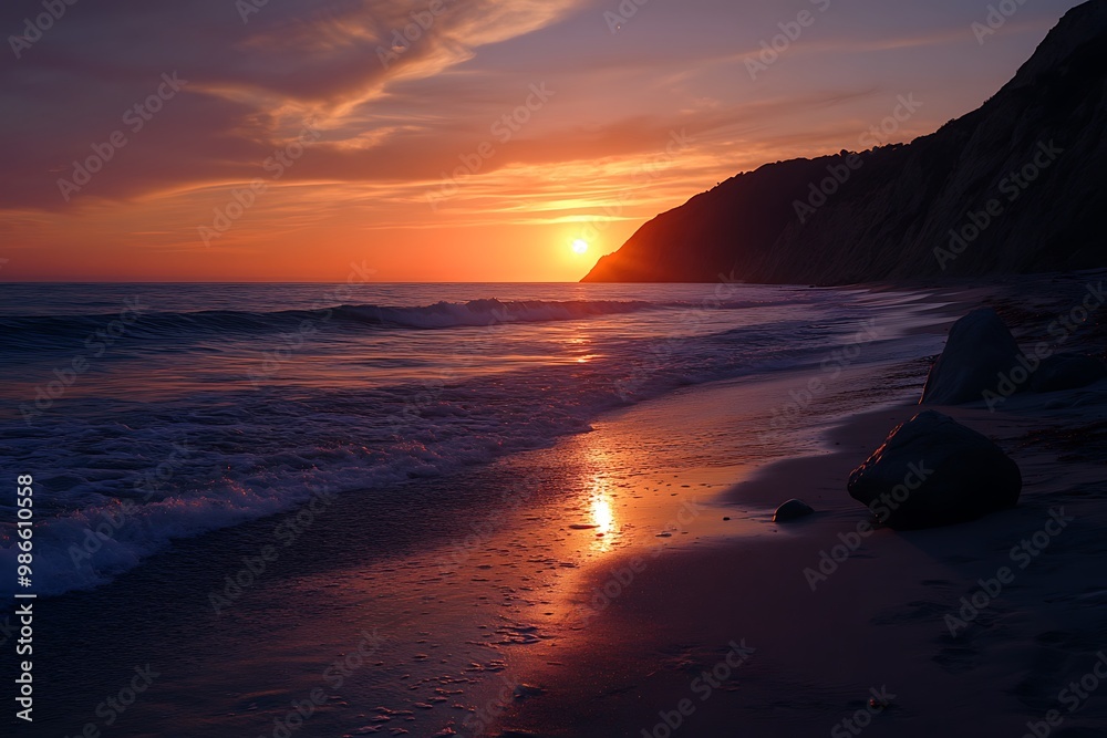 Poster Orange Sunset over the Ocean with Silhouetted Cliff