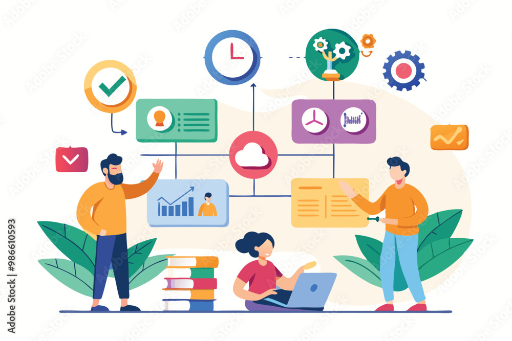 Poster a vibrant illustration shows a team engaged in agile project management using customizable design el