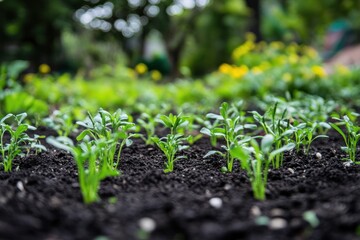 Close-up of young green seedlings growing in rich dark soil