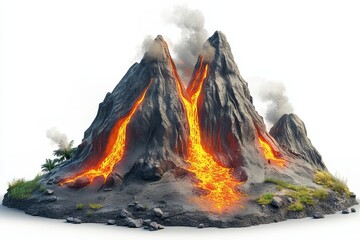 Erupting Volcano with Smoke and Lava Flows