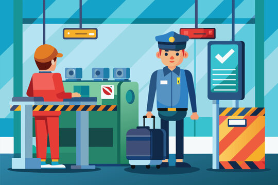 A security officer guides a traveler at an airport security checkpoint in a busy terminal environment, Airport security checkpoint illustration