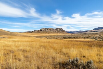 Wide open field with mountain range in the distance under blue sky with white clouds