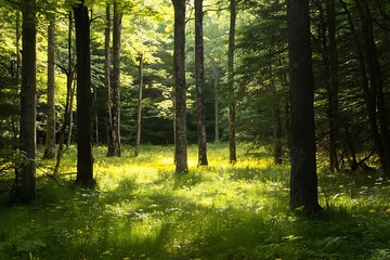 Fototapeta premium Sunlight filtering through dense green forest canopy creating a magical, serene scene