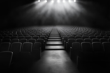 Obraz premium Empty theater with rows of seats, dramatic lighting, and a central staircase leading to the stage