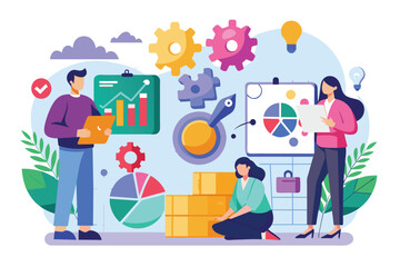 Fototapeta premium Business professionals analyze startup strategies with visual aids and puzzles in a collaborative setting, Analysis of a startup business using puzzles and flat illustrations.