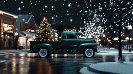 A vintage green truck adorned with Christmas lights is parked in a snow-covered town square, carrying an old-fashioned tree under the enchanting glow of nearby lights