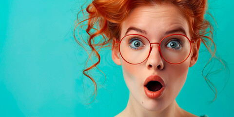 Obraz premium Attractive and surprised young redhead woman wearing red glasses