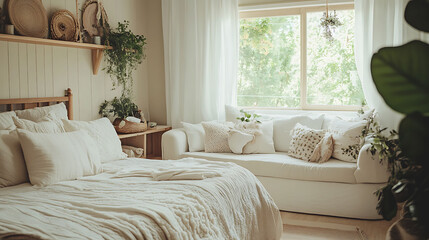 Calming Bedroom Haven for Single Mother with Cozy Bed, Floral Details, and a Serene Sofa Corner