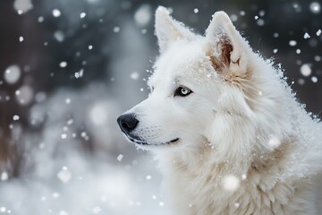 Obraz premium Arctic Wolf in Snowstorm, White Fur, Majestic Animal, Winter Wildlife