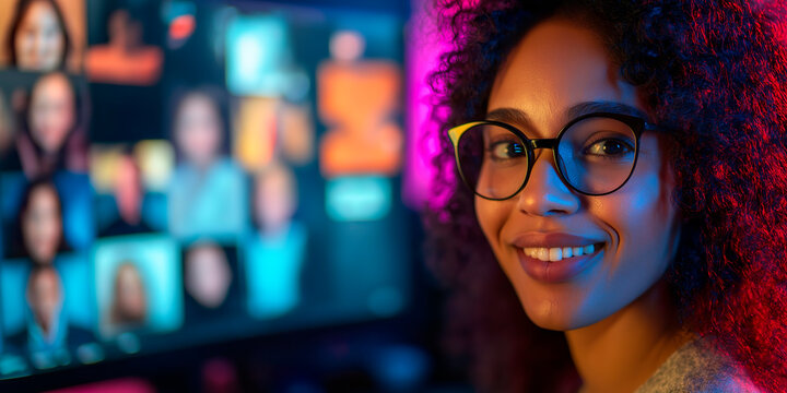 African American woman having a video call with her coworkers