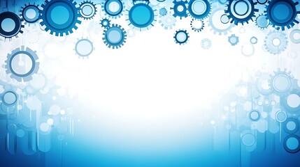 A white background with a blue gradient at the bottom, and blue cogs and circles scattered across the top.