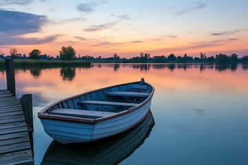 Rowboat on a lake at sunset with a wooden dock