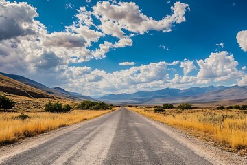 Fototapeta premium Empty asphalt road stretching towards the horizon with mountains in the background and cloudy blue sky