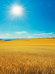 Golden wheat field under a bright summer sun and blue sky