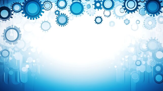 A white background with a blue gradient at the bottom, and blue cogs and circles scattered across the top.