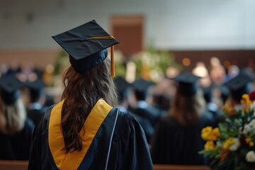 A Graduate in Cap and Gown, Facing Away from the Camera, with a Yellow Sash