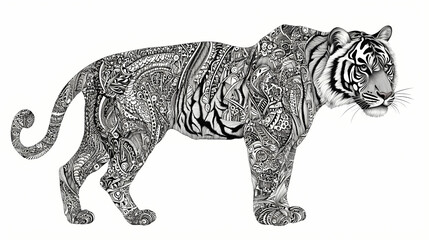 Fototapeta premium Isolated image of a tiger in zentangle patterns on a white background, for stickers, for design, generative ai, generative, ai. Zentangle. Illustration