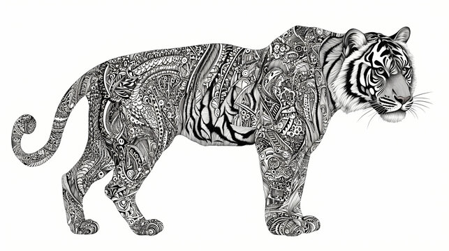 Isolated image of a tiger in zentangle patterns on a white background, for stickers, for design, generative ai, generative, ai. Zentangle. Illustration