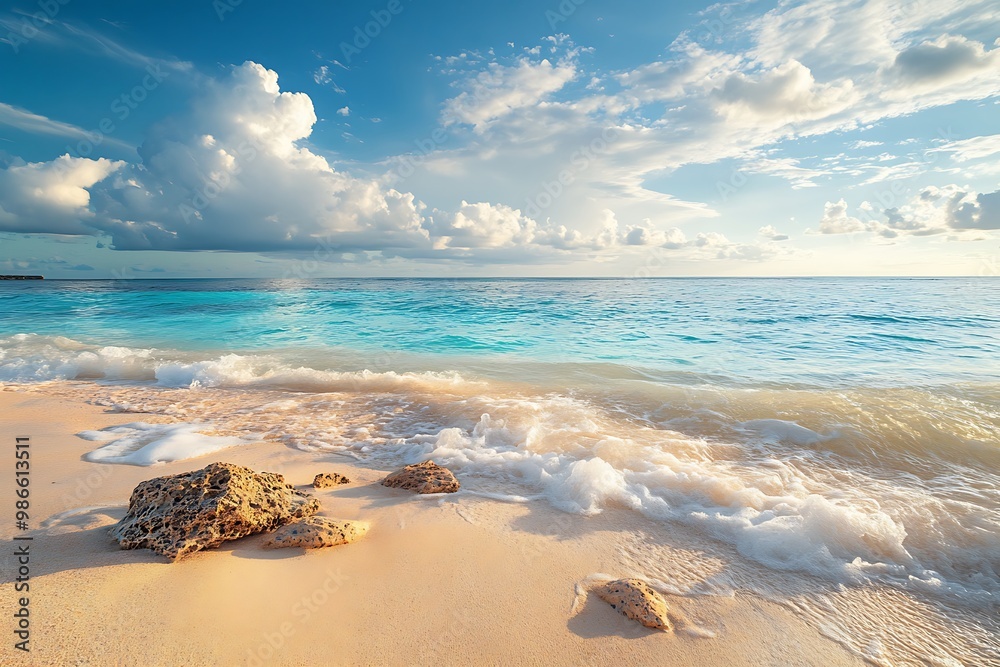 Poster Tranquil Beach Scene With White Sand, Turquoise Water, and Blue Sky with Clouds