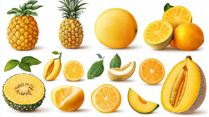 Assortment of yellow fruits, including pineapples, lemons, and melons.