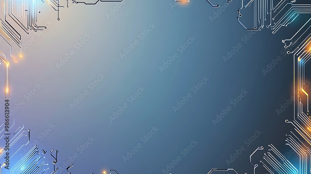 Poster Abstract circuit board frame with glowing lines on a blue gradient background.