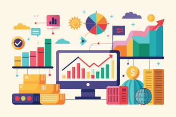 Fototapeta premium This visual displays various graphs and charts illustrating trade analysis concepts using bright colors, analyze trades, simple picture