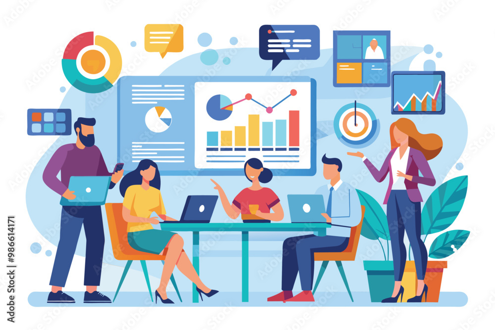 Poster a business team collaborates using data analytics tools to enhance performance and monitor progress,