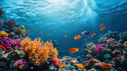 Naklejka premium Vibrant Underwater Coral Reef with Fish