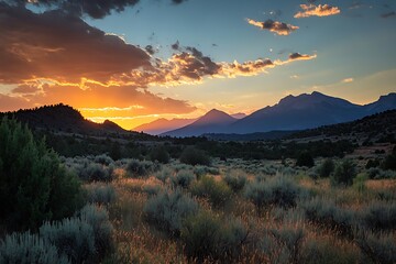 Golden Sunset over Mountain Range with Cloudy Sky and Green Field