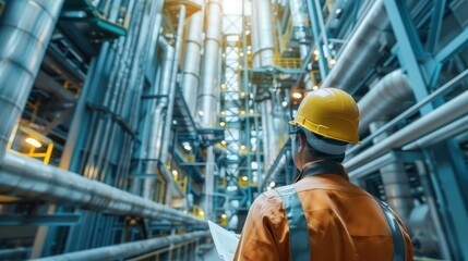 Fototapeta premium close-up of industrial pipes of oil refinery, back of engineer, technician, reading drawing, drawing, industrial engineering, blueprint, industrial background.