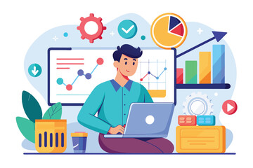 A person is working on a laptop to analyze business performance and investment metrics in a vibrant office setting, Analyzing business performance and investment data using a flat illustration.