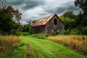 Old wooden barn in a field with a dirt path and dramatic clouds