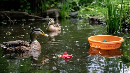 An alternative educational model where ducks learn through play in a natural pond, using floating educational toys and puzzles designed to teach problem-solving skills and their curious activities.
