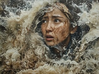 Woman Emerging from Water: A Portrait of Fear and Resilience