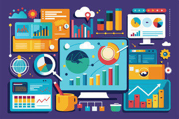 A team explores data trends through vibrant visuals displayed on multiple computer screens at a workspace, Analyzing current data trends using a simple visual representation.