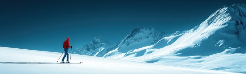 Obraz premium Skier standing on a snowy mountain with a mountain in the background