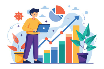 A person is examining a growth chart with colorful graphs and plants in a contemporary office setting, Analyzing growth chart with a flat illustration.