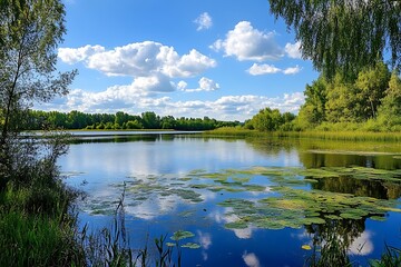 Fototapeta premium Tranquil summer lake scene with blue sky, green trees and water lily pads