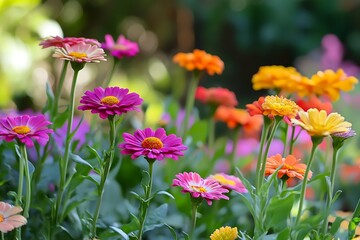 Closeup of colorful daisy flowers in a field, green background, blooming, spring, summer